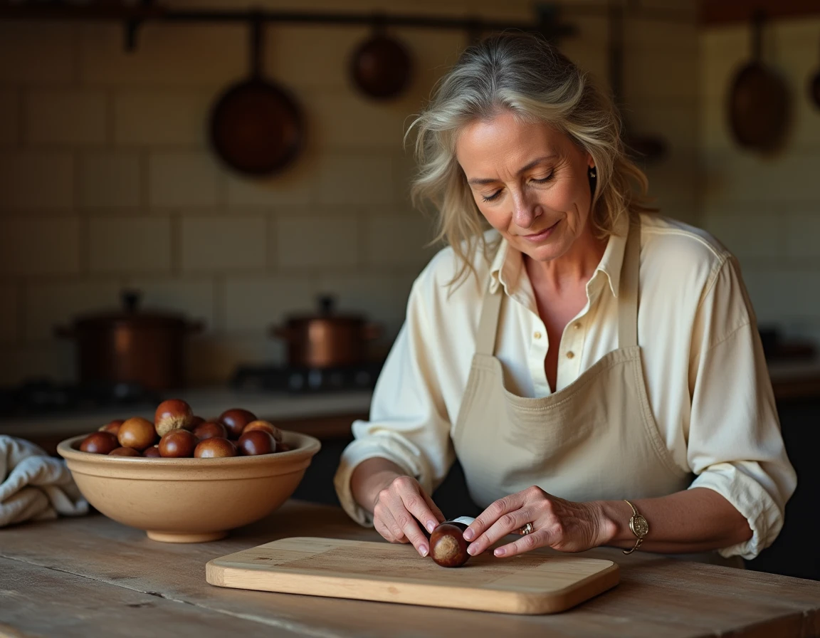 Femme épluchant une châtaigne avec un couteau dans une cuisine rustique, préparation des marrons glacés