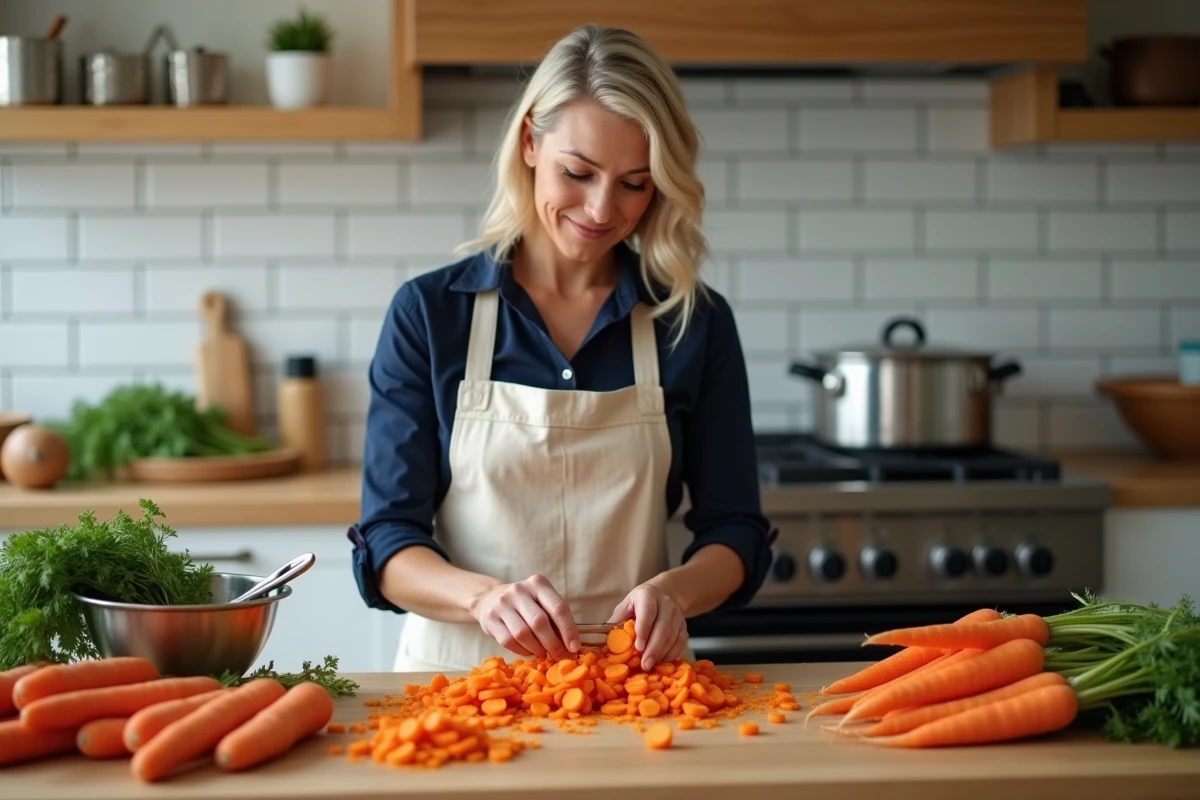 Femme épluchant de grandes quantités de carottes dans une cuisine moderne avec un économe et une passoire inox