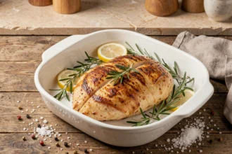 Escalope de poulet dorée cuite au four dans un plat en céramique blanche avec romarin frais et tranches de citron sur une table en bois rustique