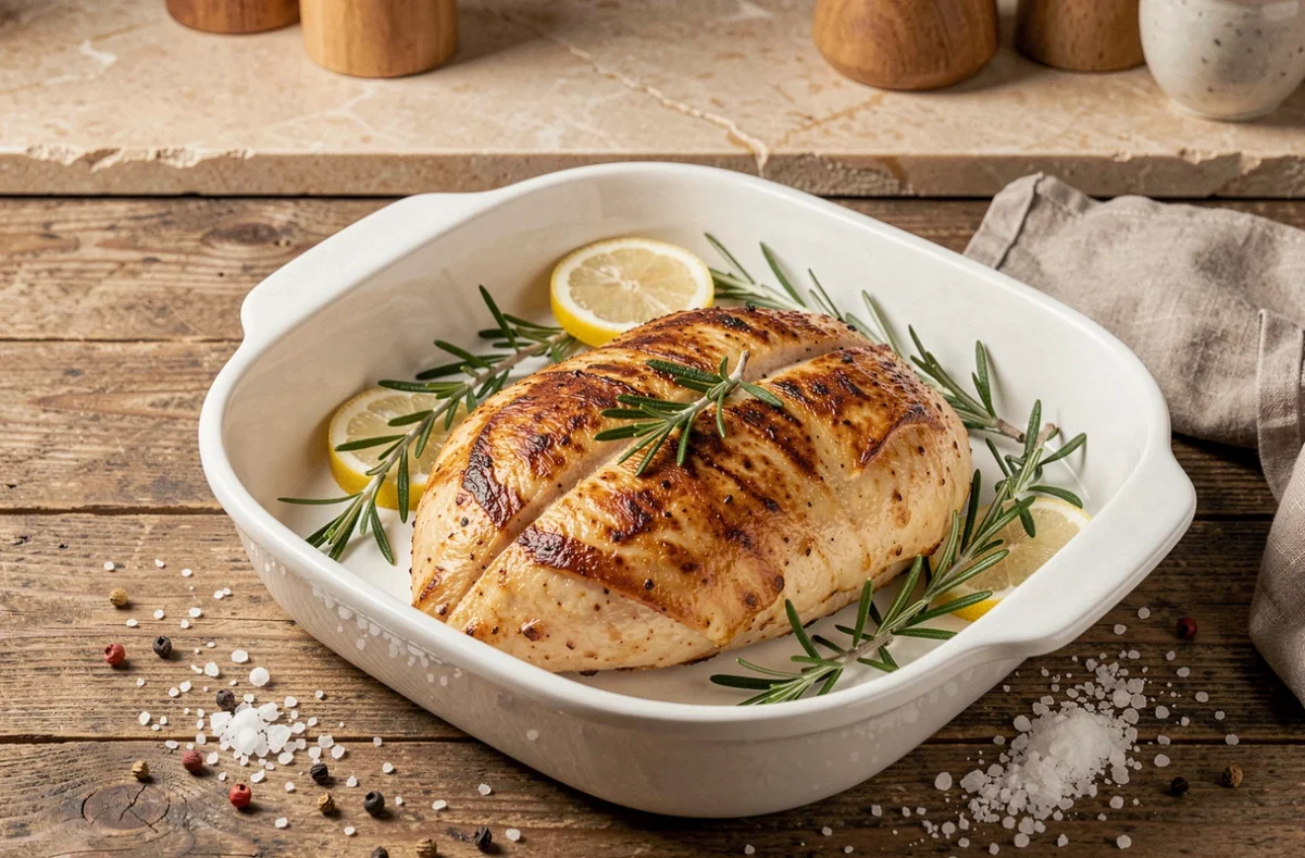 Escalope de poulet dorée cuite au four dans un plat en céramique blanche avec romarin frais et tranches de citron sur une table en bois rustique