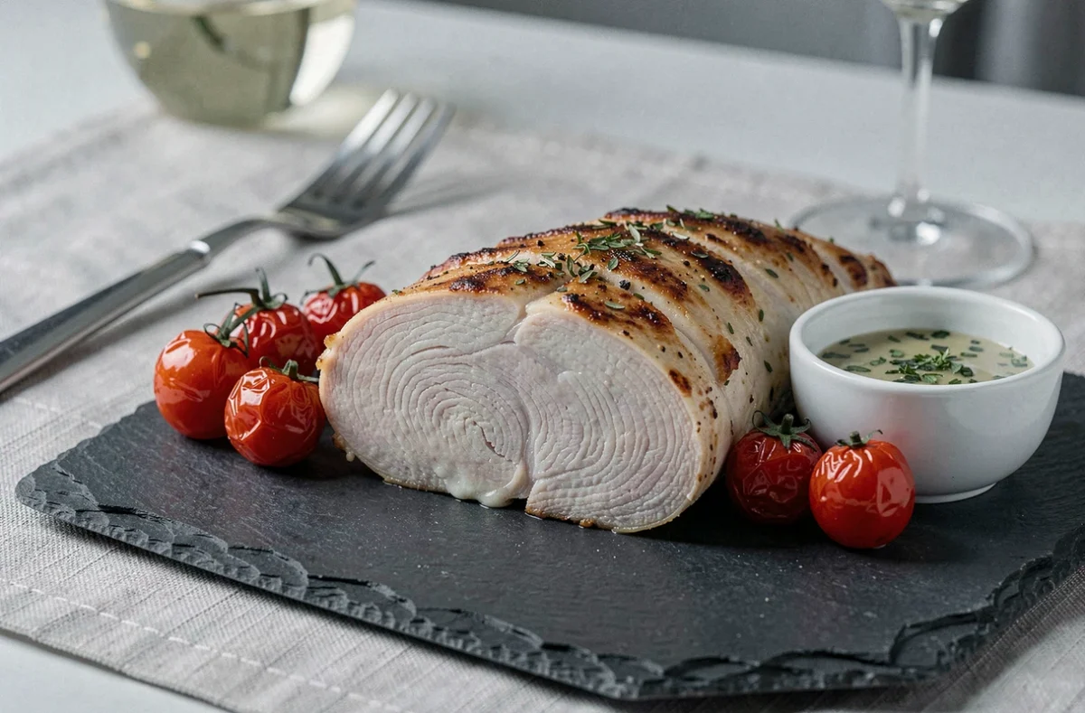 Escalope de poulet au four tranchée et juteuse servie sur une ardoise avec tomates cerises rôties et sauce aux herbes pour un repas élégant