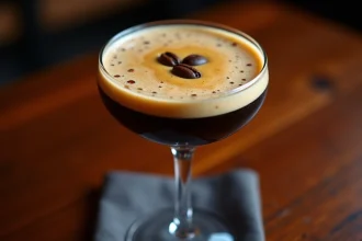 Espresso martini dans une coupe givrée avec mousse crémeuse et grains de café sur un comptoir de bar en bois sombre
