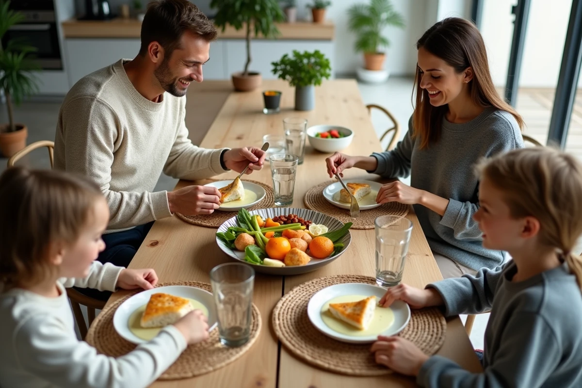Famille partageant un poisson en papillote &agrave; table lumineuse