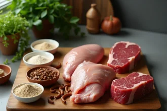 Comparaison visuelle entre farine d'insectes, vers de farine séchés et viande traditionnelle sur une planche en bois rustique dans une cuisine moderne