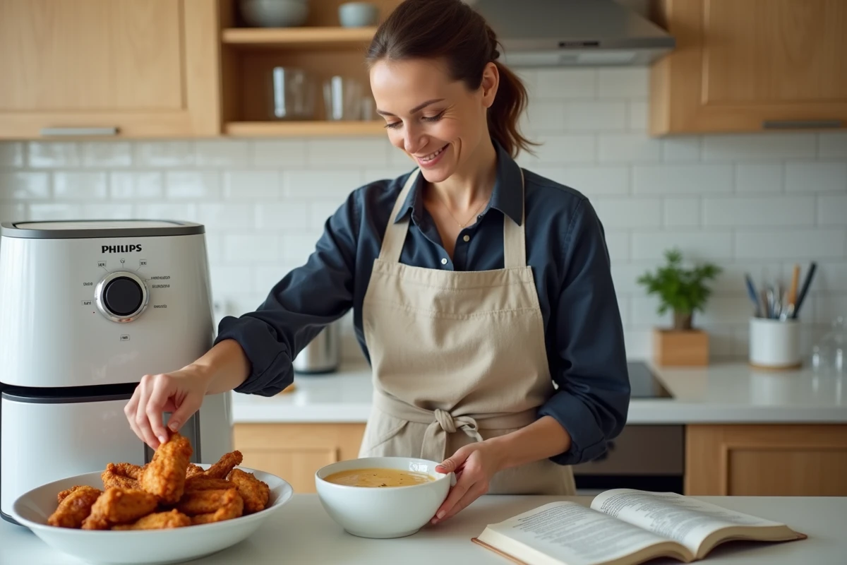 Femme préparant des ailes de poulet dorées dans une airfryer Philips sur un plan de travail de cuisine moderne avec livre de recettes ouvert