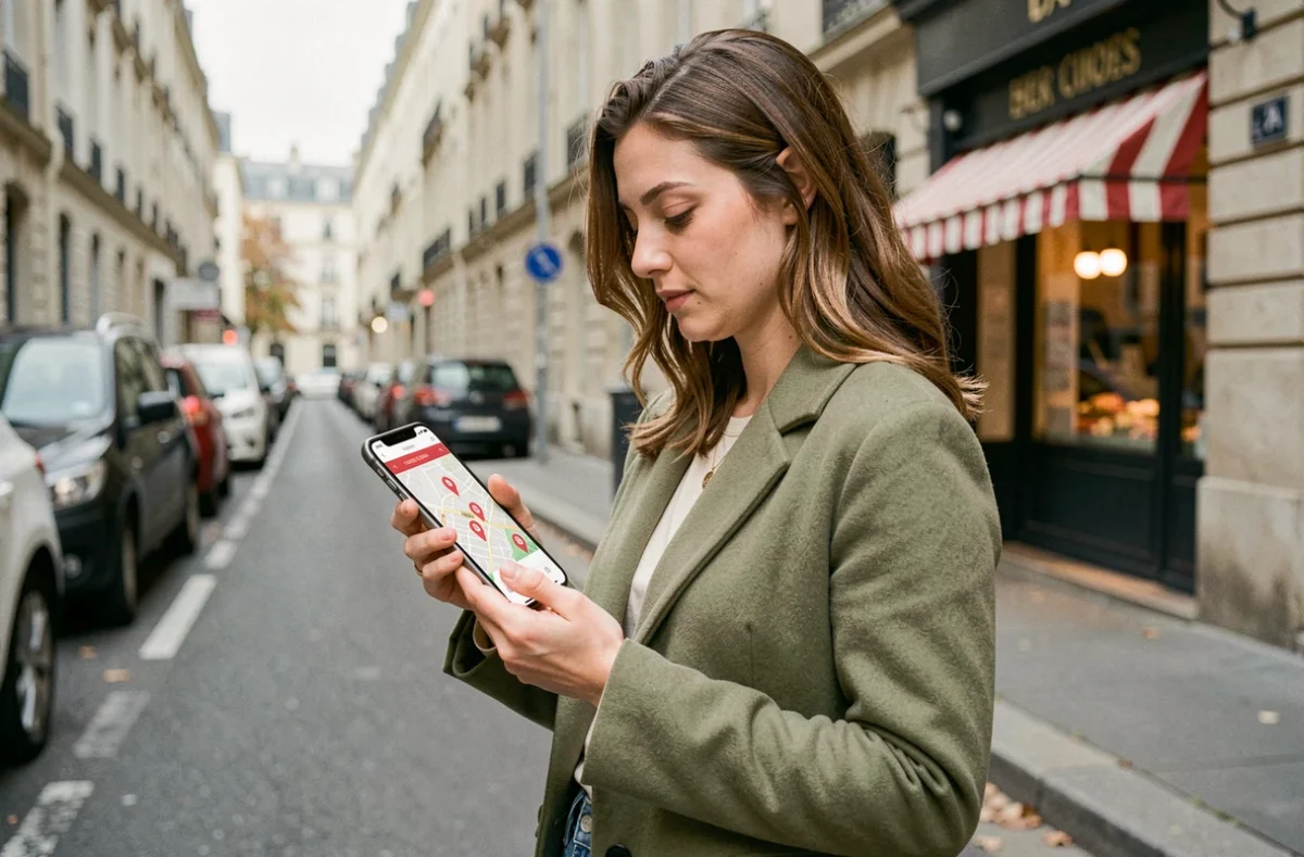 Femme utilisant une application mobile pour localiser une boucherie ouverte à proximité dans une rue commerçante