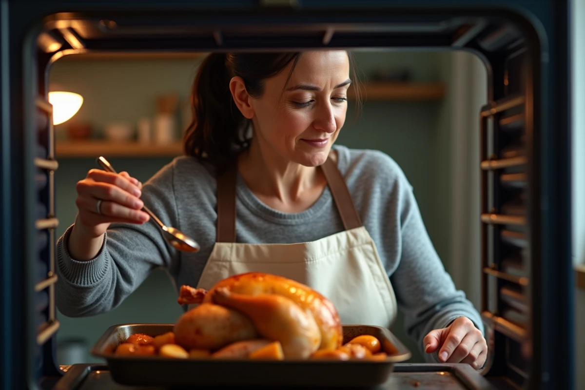 Femme en tablier qui arrose un poulet rôti dans un four domestique avec une cuillère à rôtir