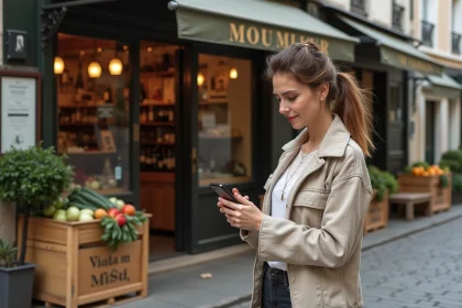 Femme consultant les avis clients sur son smartphone devant un primeur traditionnel en ville