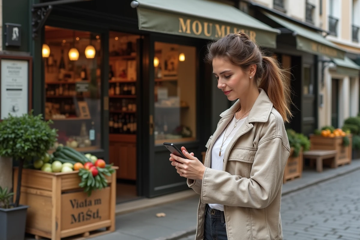 Femme consultant les avis clients sur son smartphone devant un primeur traditionnel en ville