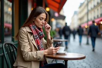 Femme lisant avis sur smartphone au café du Chatelet