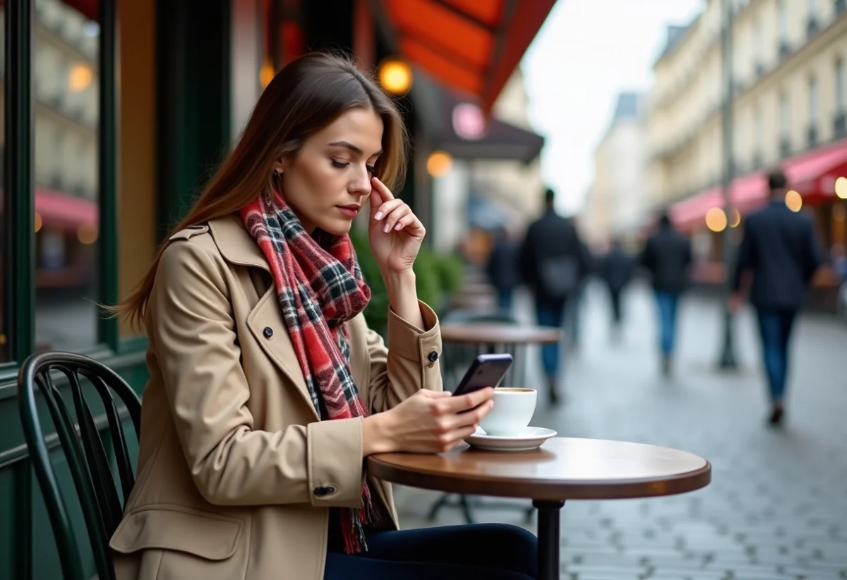 Femme lisant avis sur smartphone au café du Chatelet