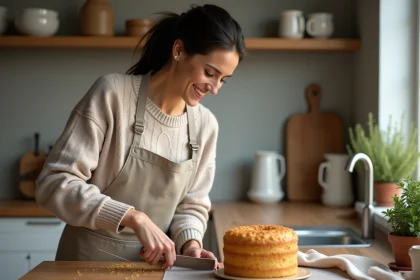 Femme souriante coupant un g&acirc;teau aux amandes dans une cuisine chaleureuse