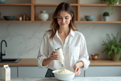 Femme en cuisine avec siphon à chantilly moderne