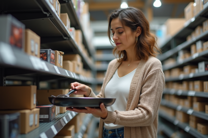 Femme comparant deux poeles modernes en magasin