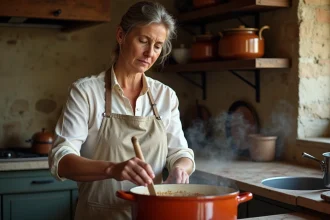 Femme française en cuisine rustique préparant un cassoulet traditionnel