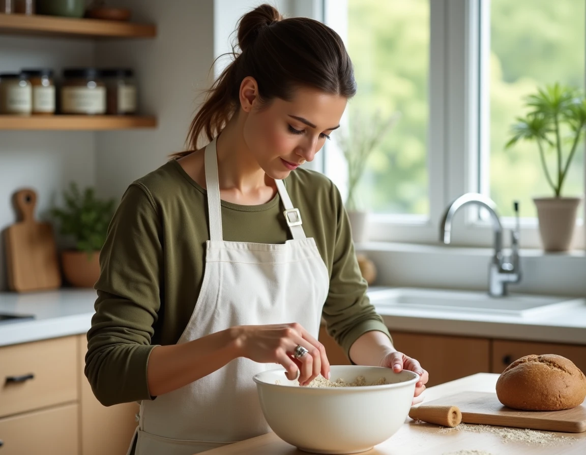 Femme préparant une pâte à pain avec de la farine de crickets dans une cuisine scandinave moderne, illustrant la cuisine durable à base d'insectes