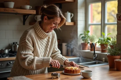 Femme souriante coupe un g&acirc;teau aux pommes dans la cuisine chaleureuse