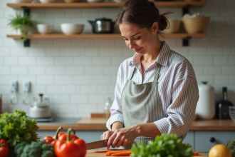Femme en tablier coupant des légumes dans une cuisine lumineuse