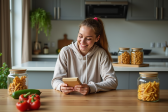 Femme souriante lisant un paquet de pates complètes dans la cuisine