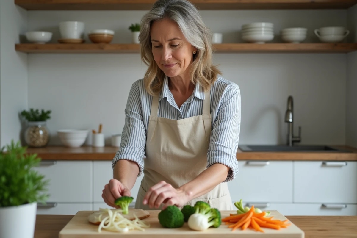 Femme préparant un repas léger de poisson blanc avec brocoli, fenouil et carottes dans une cuisine moderne
