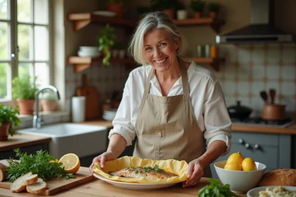 Femme souriante d&eacute;ballant un poisson en papillote dans une cuisine chaleureuse