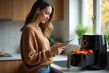 Jeune femme dans la cuisine avec air fryer et l&eacute;gumes