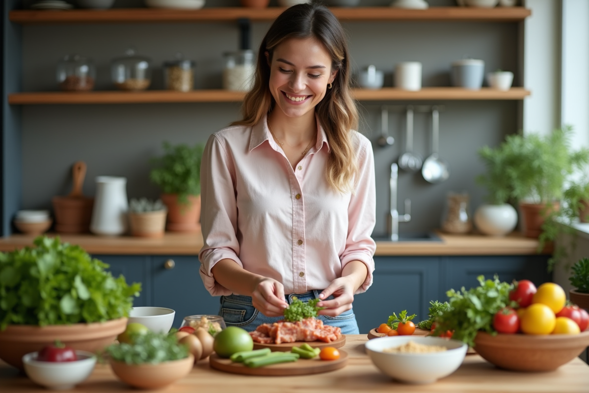 Jeune femme arrangeant des légumes frais dans la cuisine