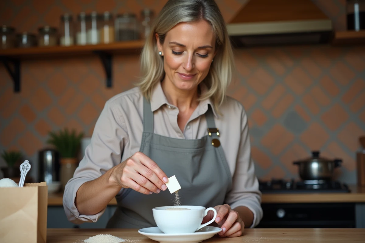 Femme plaçant un morceau de sucre dans une tasse à café avec du sucre en poudre posé à côté sur un comptoir de cuisine