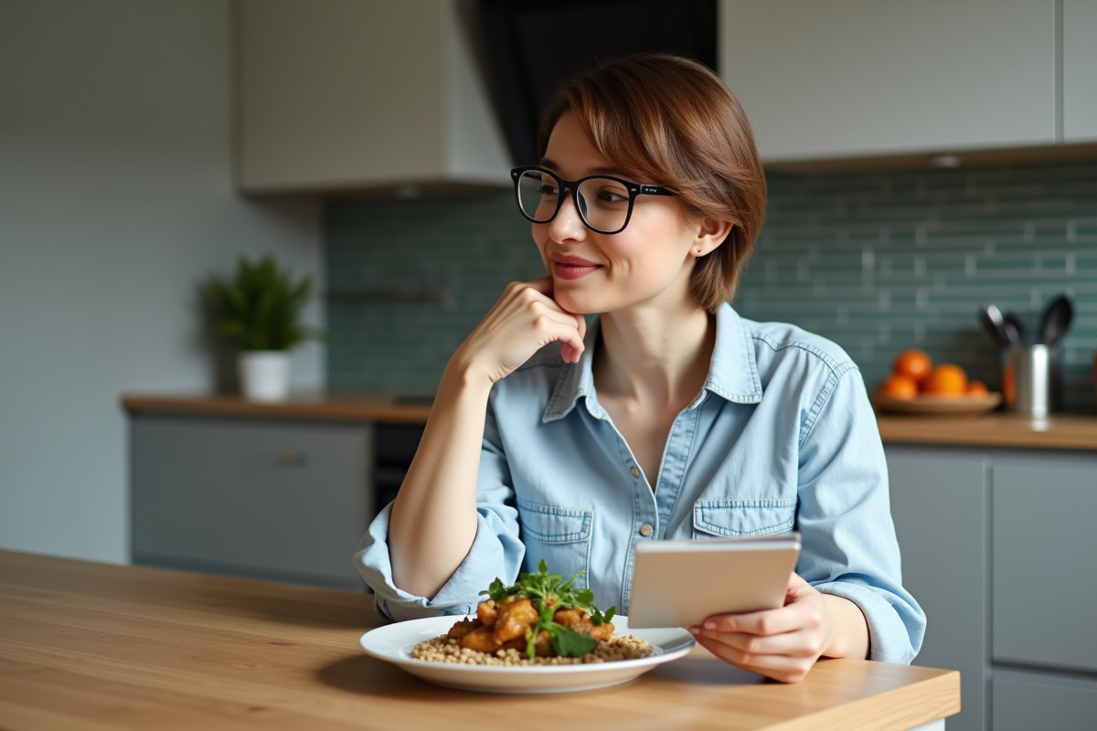 Jeune femme inspectant un plat vegan dans la cuisine moderne