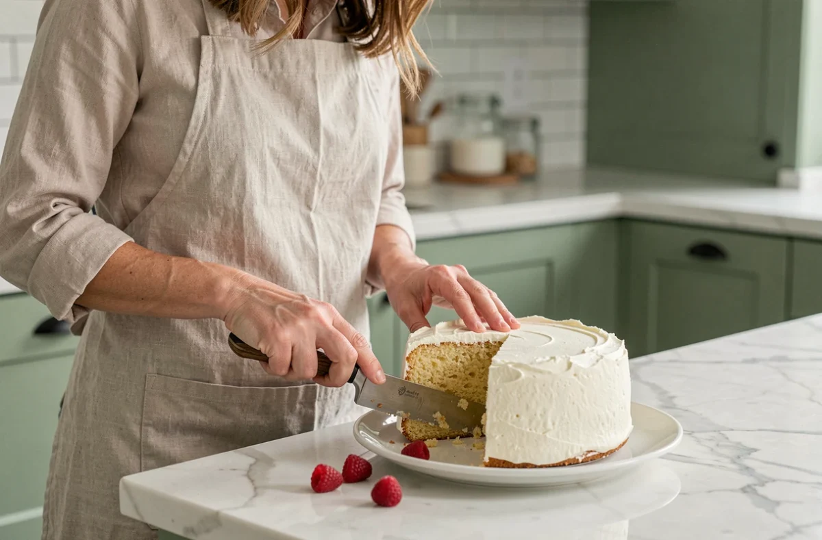 Femme en tablier de lin découpant un gâteau au yaourt ultra moelleux sur un plan de travail en marbre dans une cuisine moderne