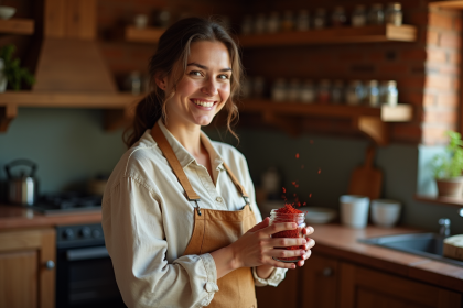 Femme souriante tenant un bol de safran dans une cuisine rustique
