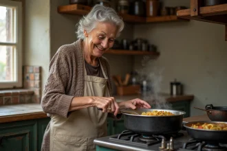Femme &acirc;g&eacute;e souriante pr&eacute;parant une soupe vermicelli dans une cuisine rustique
