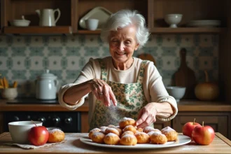 Femme âgée en tablier floral saupoudrant des beignets dorés