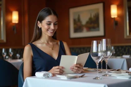 Femme &eacute;l&eacute;gante d&eacute;gustant un vin dans un restaurant chic