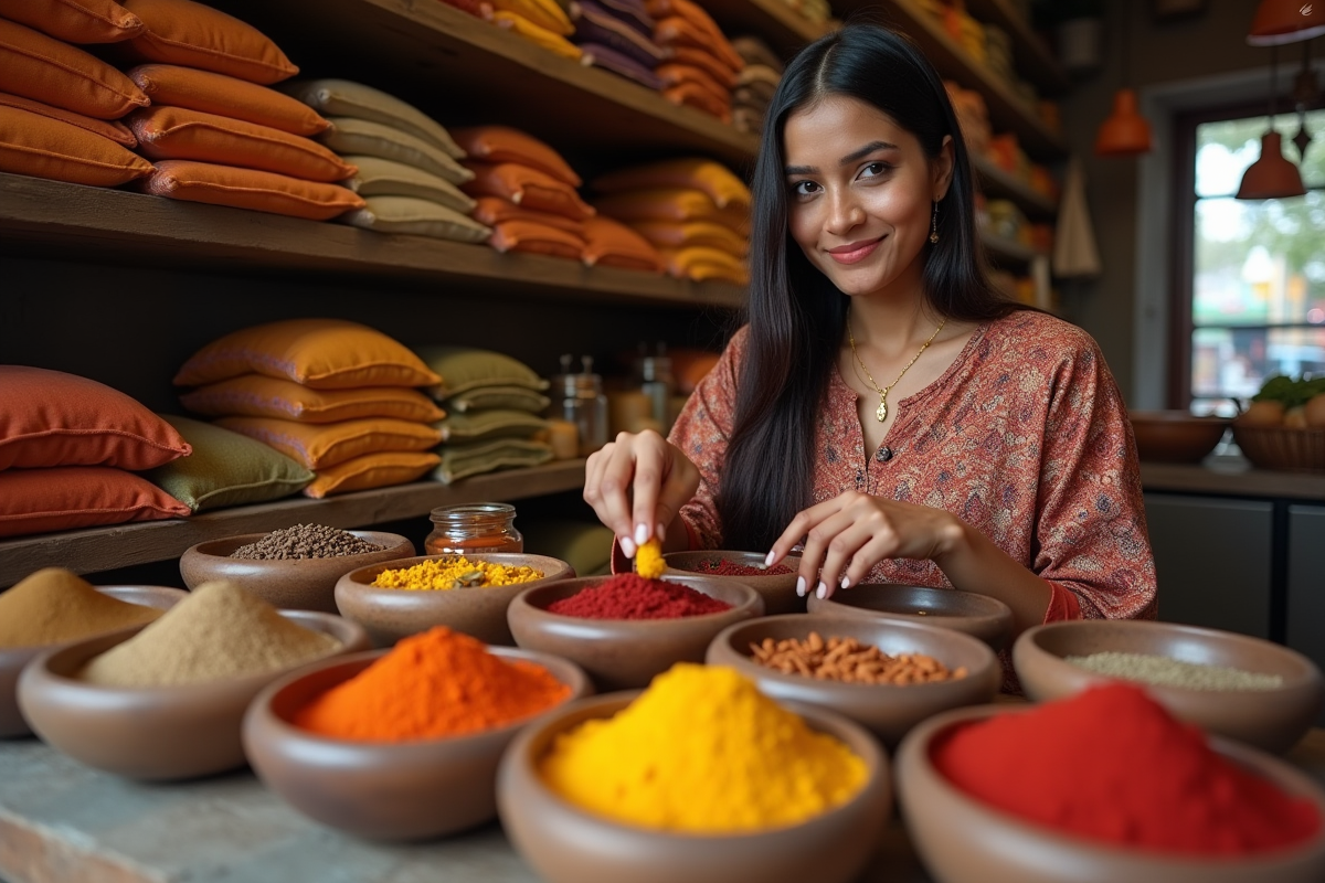 Femme indienne arrangeant des épices dans un marché coloré