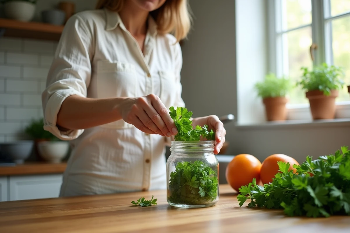 Femme remplissant un bocal de persil frais dans la cuisine