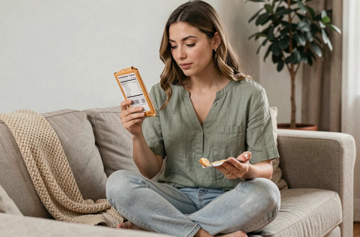 Jeune femme lisant les informations nutritionnelles d'un gâteau peu calorique industriel sur son canapé