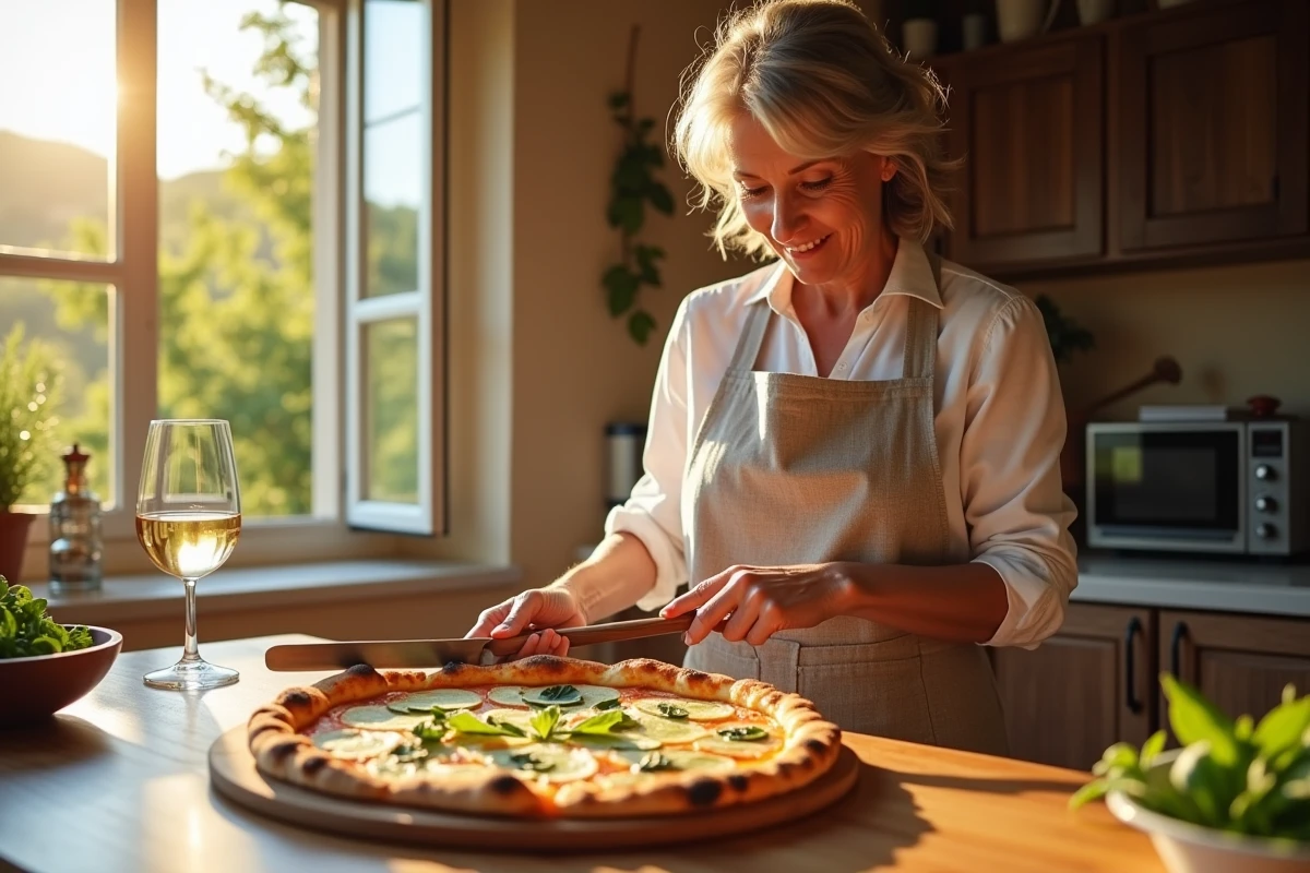 Femme italienne découpant une pizza courgette maison près d'une fenêtre ouverte sur la campagne italienne