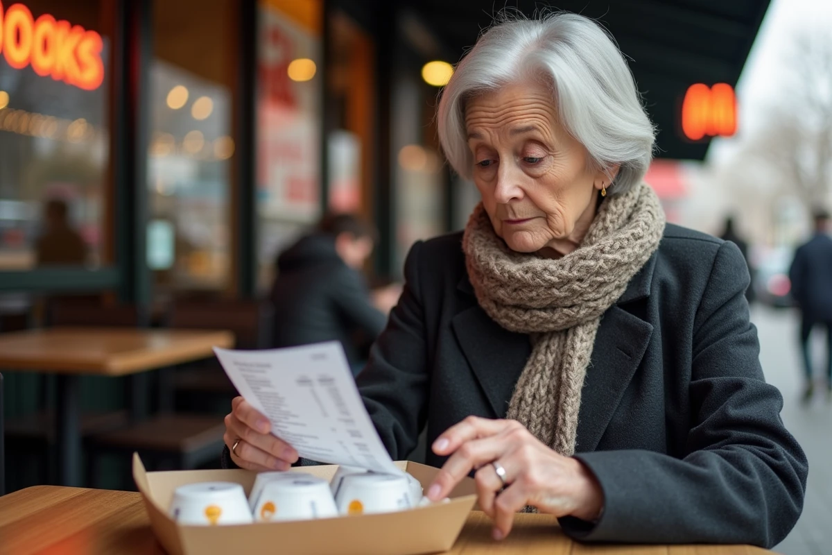 Femme âgée examinant un reçu de restauration rapide en extérieur