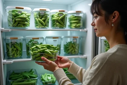 Femme inspectant des legumes frais dans une cuisine moderne