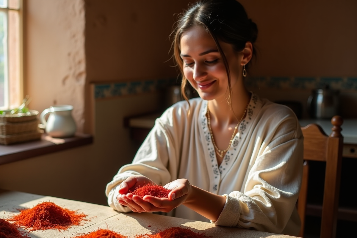 Jeune femme marocaine tenant des filaments de safron dans la main