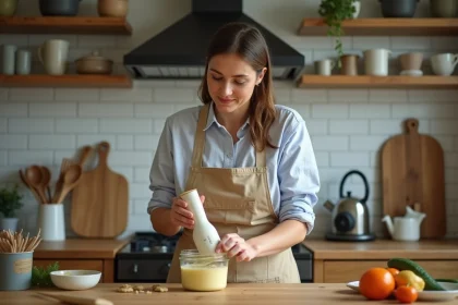 Femme en cuisine mélangeant mayonnaise maison avec un mixeur plongeant