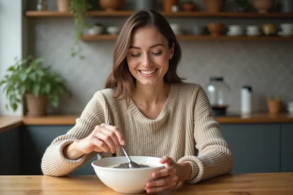 Femme souriante m&eacute;langeant chia dans un bol de yogourt