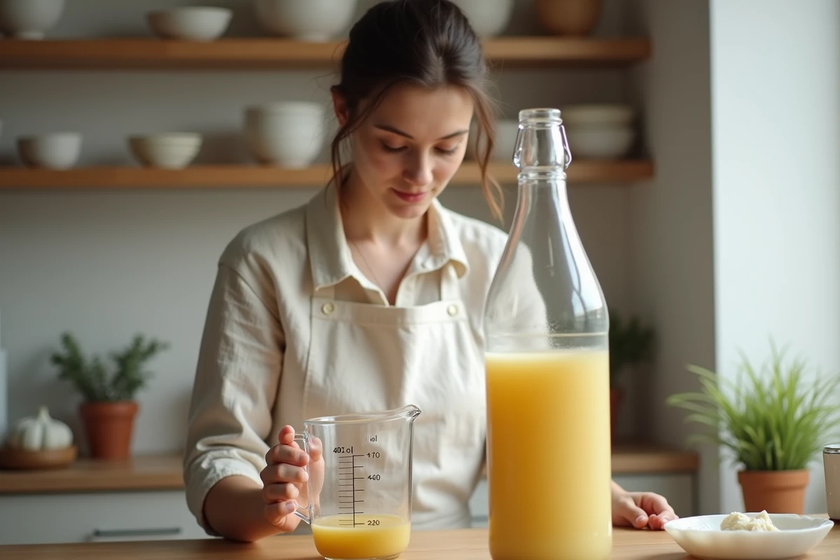 Femme lisant les graduations d'un verre mesureur de 40 cl à côté d'une bouteille d'un litre dans une cuisine