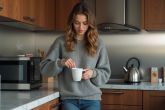 Jeune femme sortant une tasse de thé du micro-ondes