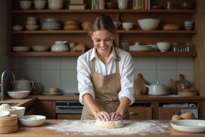 Femme en cuisine préparant du pain avec sourire chaleureux