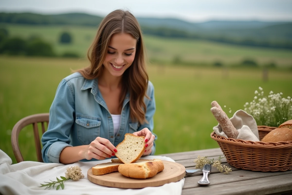 Jeune femme partageant une tranche de pain en plein air