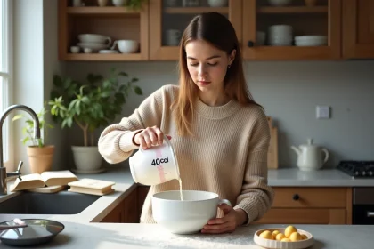 Femme en cuisine versant du liquide dans un bol avec une balance