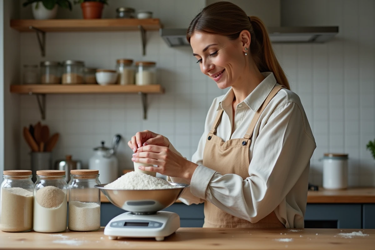 Femme moyenne âge pèse farine dans une cuisine chaleureuse