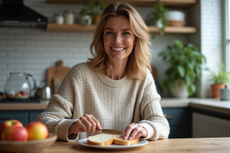 Femme souriante préparant son petit déjeuner dans une cuisine chaleureuse